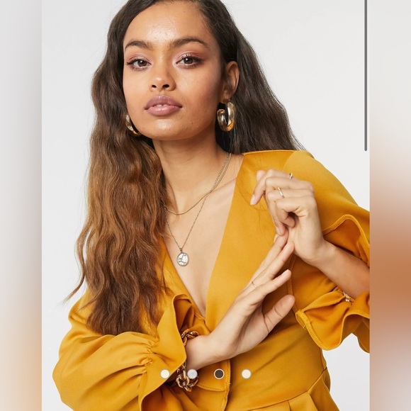 ASOS Design Petite Wrap Plunge Mini Dress with Flute Sleeve in Mustard - Picture 4 of 9